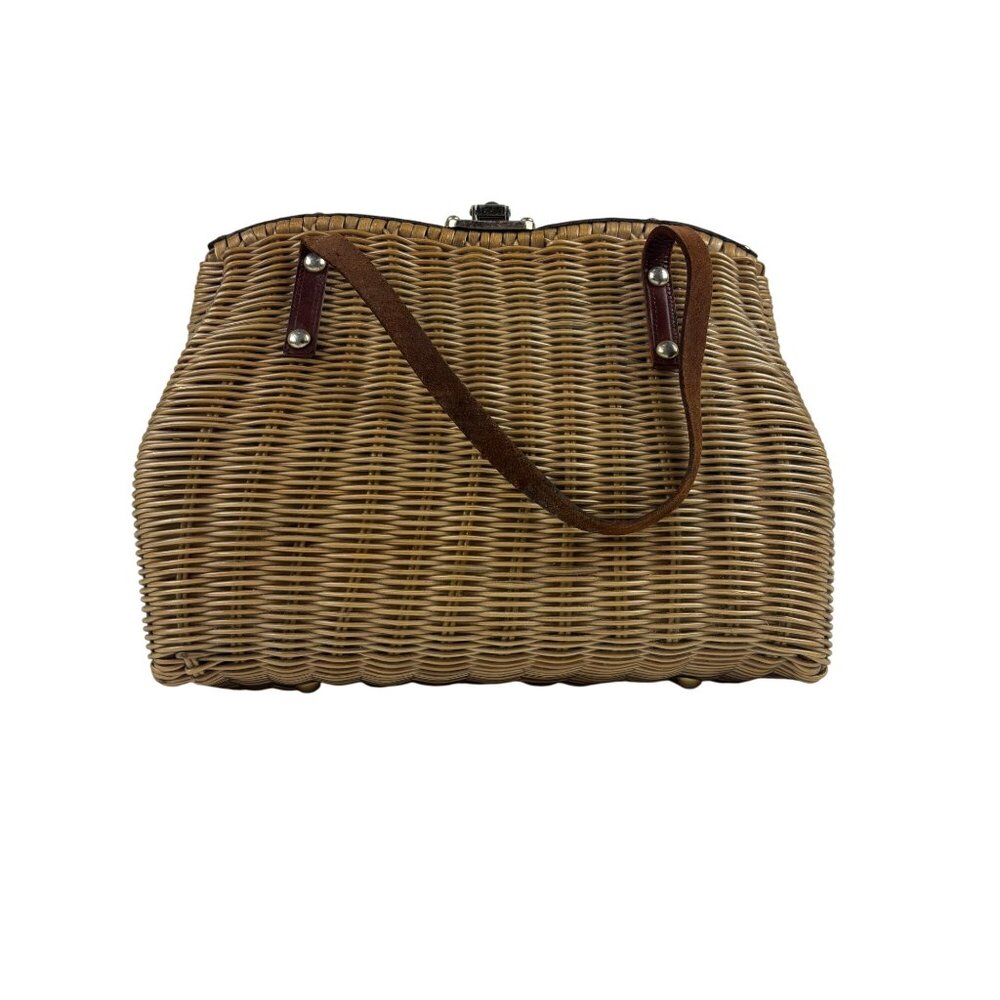Vintage 50s Wicker Bag Beige Brown Leather Trim Top Handle Handbag AS IS - Picture 5 of 10